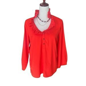 Southern Frock Long Sleeve Flowy Blouse Ruffle Neckline  Coral Size Medium